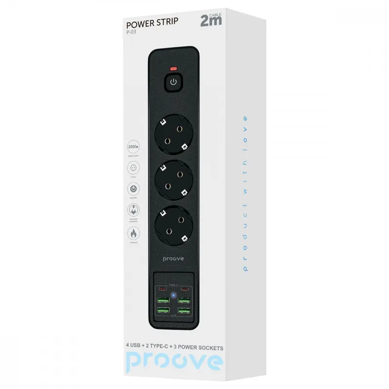 Мережевий фільтр Proove Power Strip P-03 (3 розетки + 4 USB + 2 Type-C) 2М