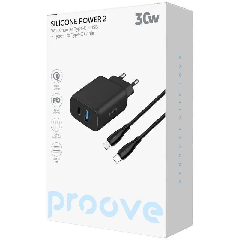 Мережевий зарядний пристрій Proove Silicone Power 2 30W (Type-C + USB) з кабелем Type-C to Type-C (1m)