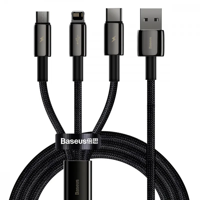Кабель Baseus Tungsten Gold One-for-three Fast Charging Data 3-in-1 (Micro USB+Lightning+Type-C) 3.5A (1.5m)