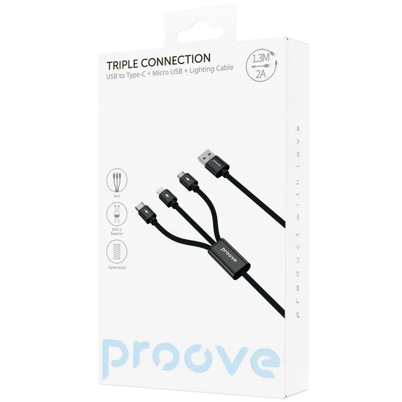 Кабель Proove Triple Connection 3 in 1 Type-C + Micro USB + Lightning (1.3m)