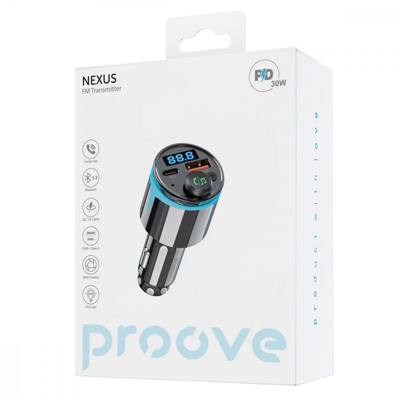 Автомобільний зарядний пристрій Proove FM Launcher Nexus 30W (PD+QC3.0) Type-C+USB