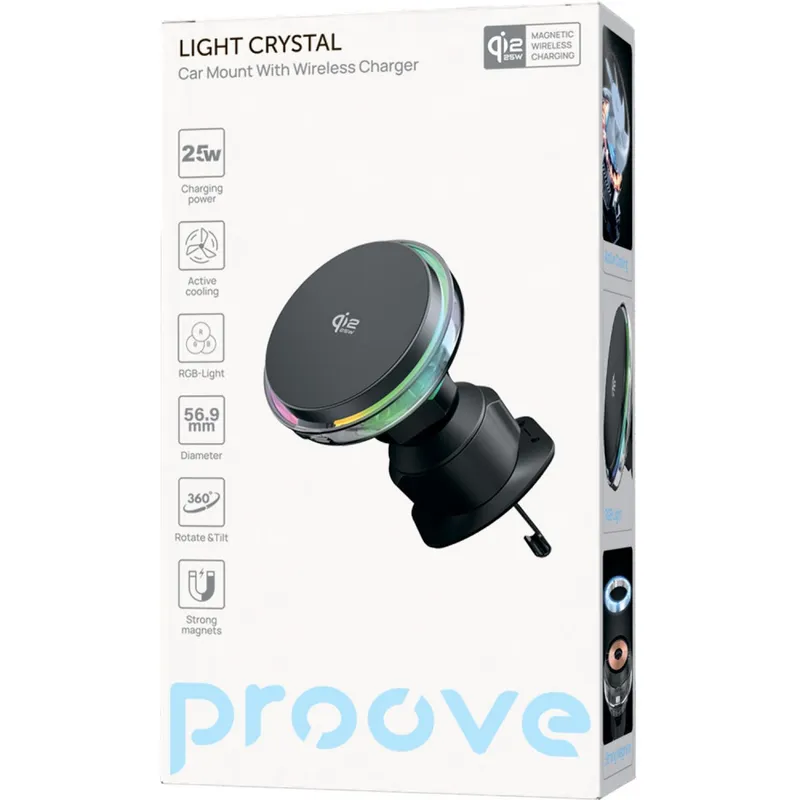 Автомобільний тримач з бездротовим зарядним пристроєм Proove Light Crystal Qi2.2 25W