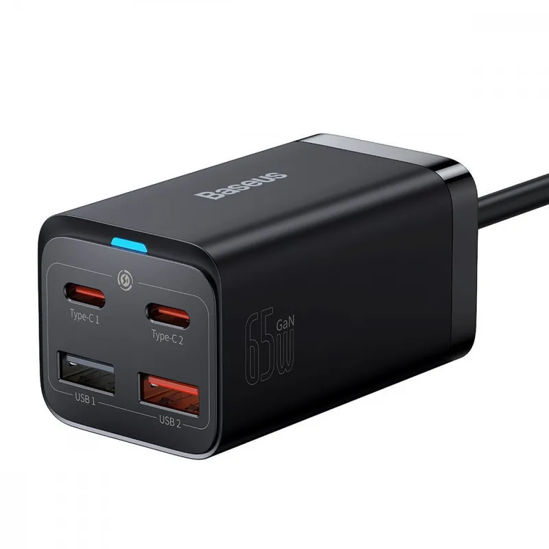 Мережевий зарядний пристрій Baseus GaN3 Pro 65W (2 Type-C + 2 USB) з кабелем Type-C to Type-C 100W (1m)