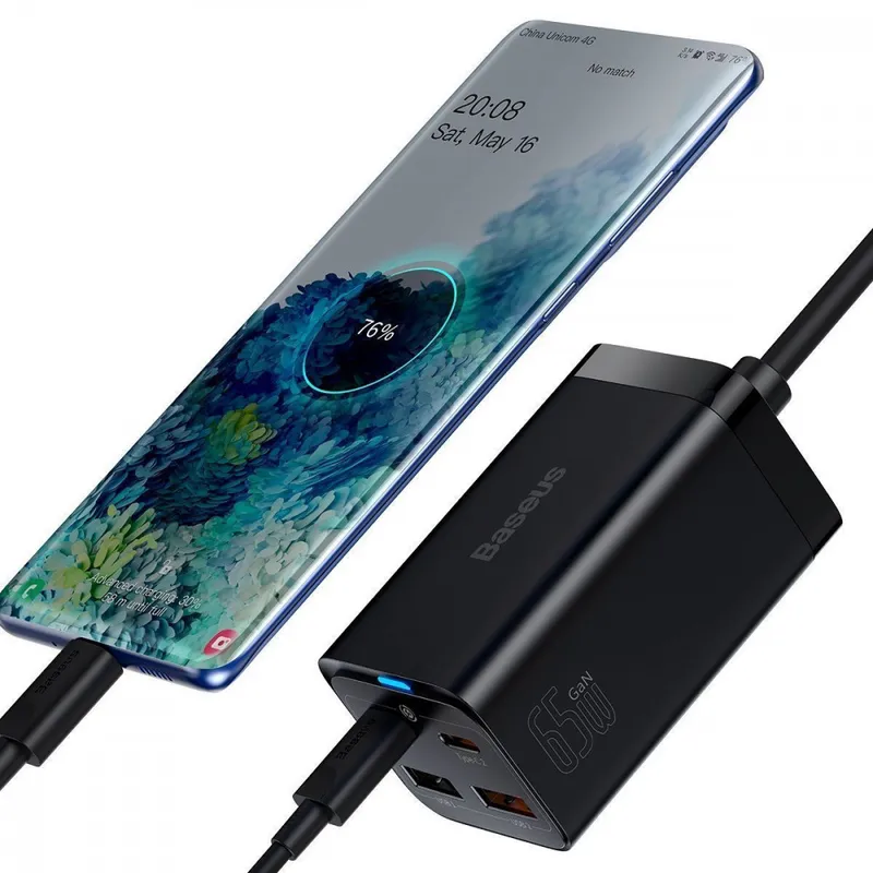 Мережевий зарядний пристрій Baseus GaN3 Pro 65W (2 Type-C + 2 USB) з кабелем Type-C to Type-C 100W (1m)