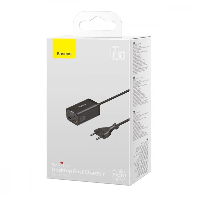 Мережевий зарядний пристрій Baseus GaN3 Pro 65W (2 Type-C + 2 USB) з кабелем Type-C to Type-C 100W (1m)
