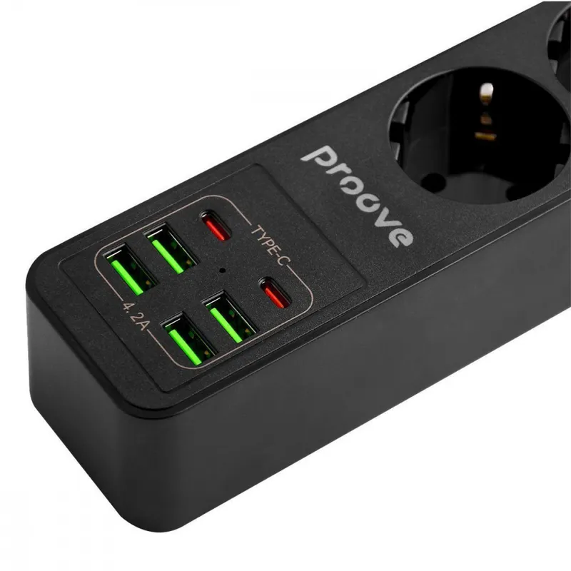 Мережевий фільтр Proove Power Strip P-03 (3 розетки + 4 USB + 2 Type-C) 2М