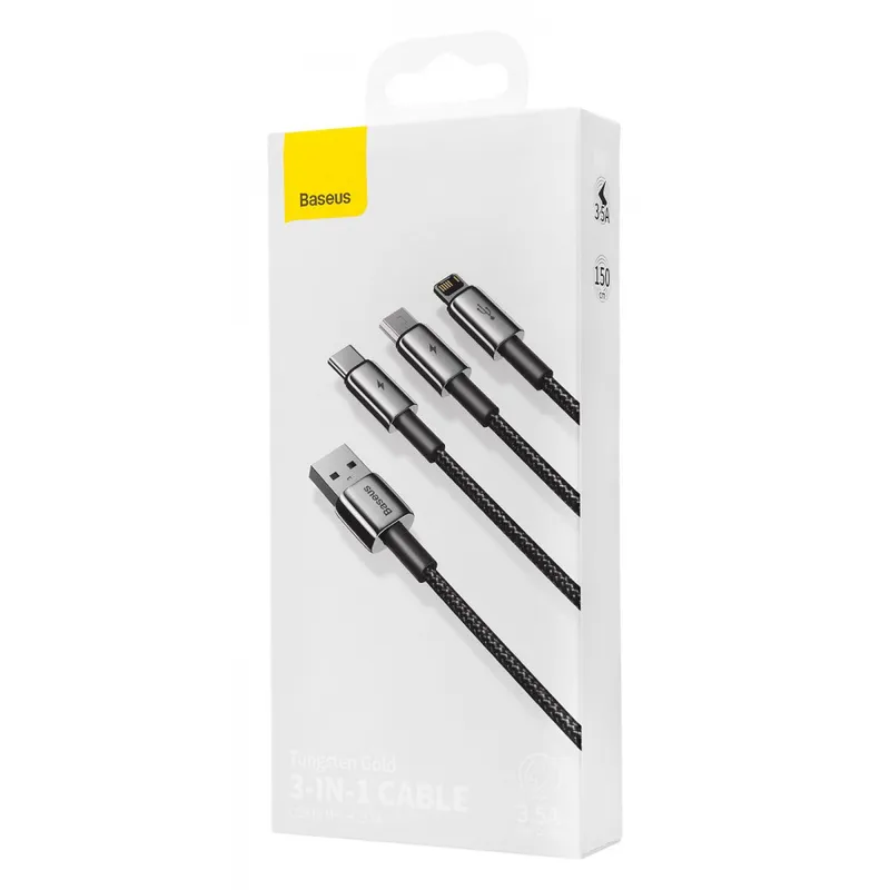 Кабель Baseus Tungsten Gold One-for-three Fast Charging Data 3-in-1 (Micro USB+Lightning+Type-C) 3.5A (1.5m)