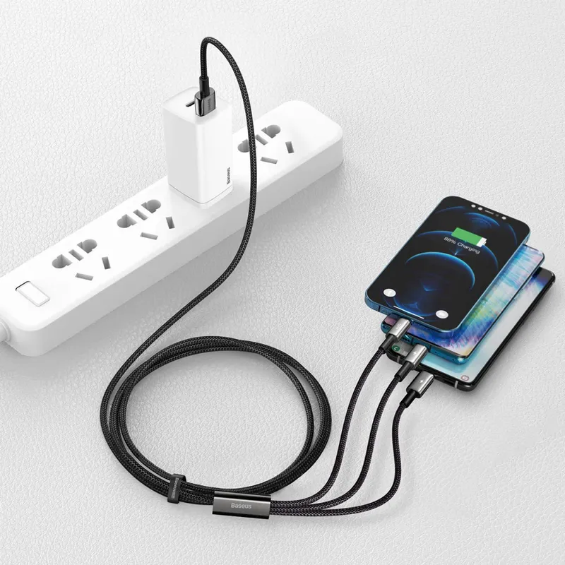 Кабель Baseus Tungsten Gold One-for-three Fast Charging Data 3-in-1 (Micro USB+Lightning+Type-C) 3.5A (1.5m)
