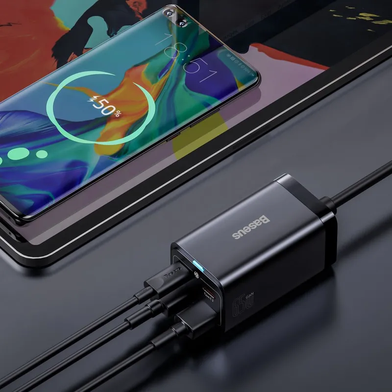 Мережевий зарядний пристрій Baseus GaN3 Pro 65W (2 Type-C + 2 USB) з кабелем Type-C to Type-C 100W (1m)