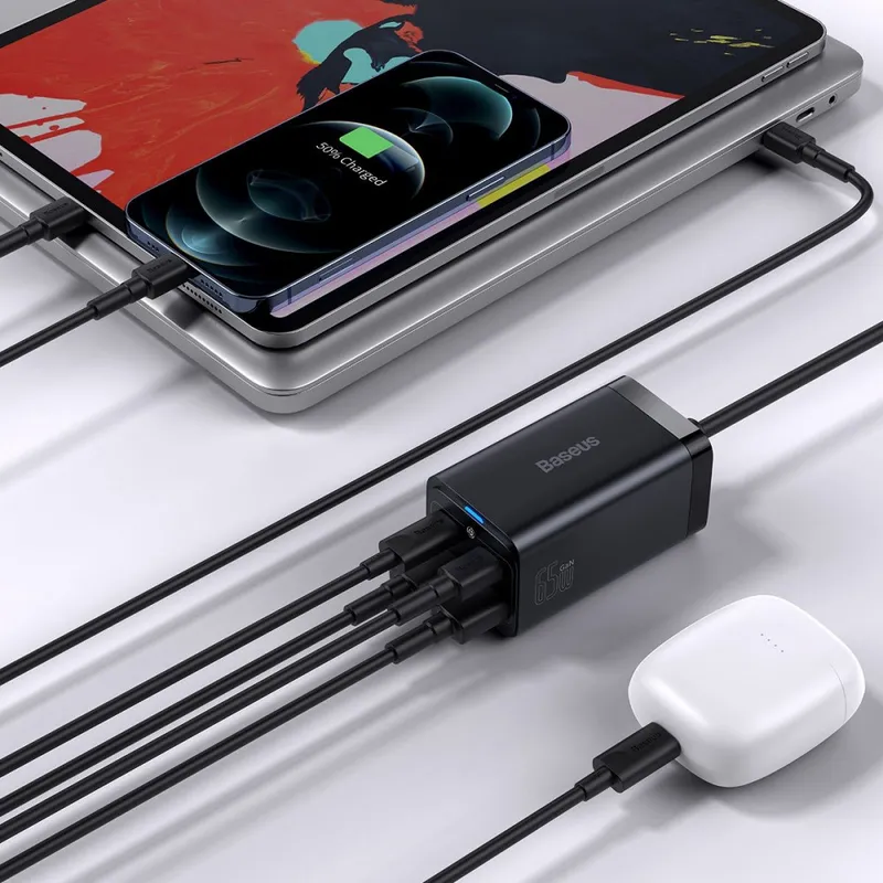 Мережевий зарядний пристрій Baseus GaN3 Pro 65W (2 Type-C + 2 USB) з кабелем Type-C to Type-C 100W (1m)