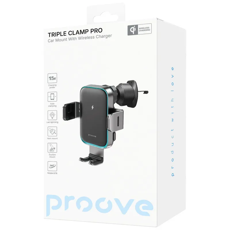 Автомобільний тримач з бездротовим зарядним пристроєм Proove Triple Clamp Pro 15W
